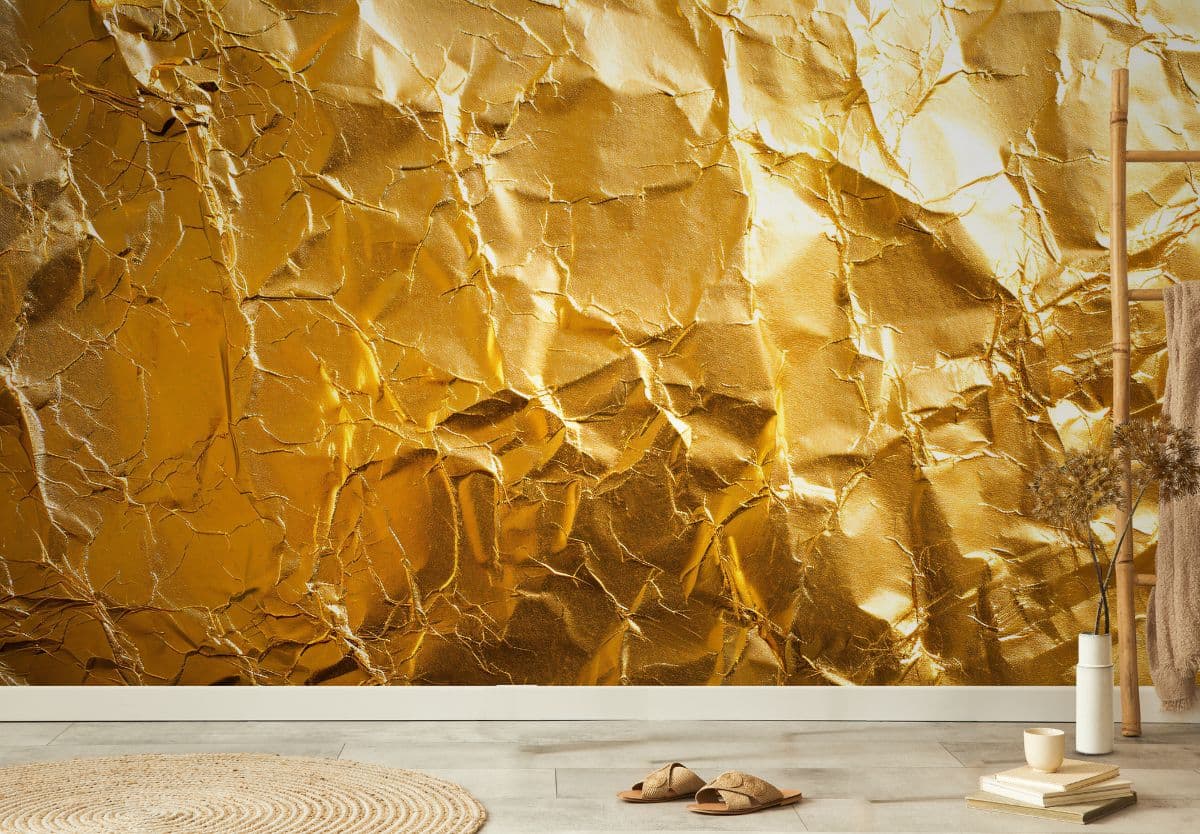 Swarna, Crumbled Golden Wallpaper Mural shown in a room