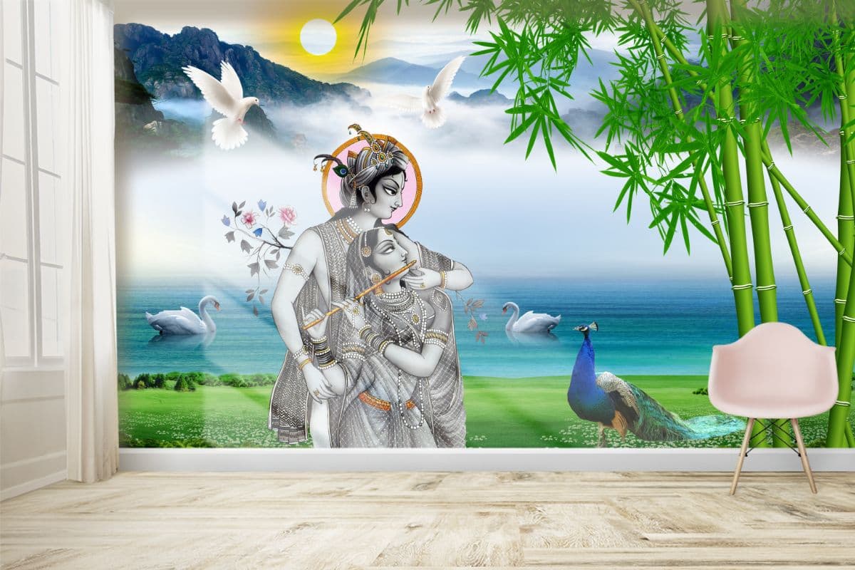 Radha Krishna Bhaav Wallpaper Mural for Wall shown in a room