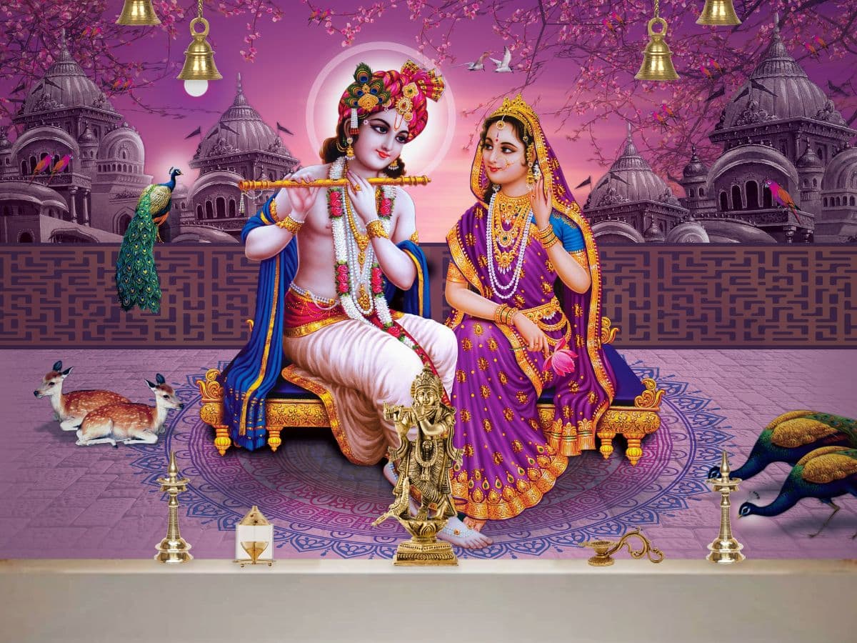 Radhe Krishna Premanjali Wallpaper Mural shown in a room