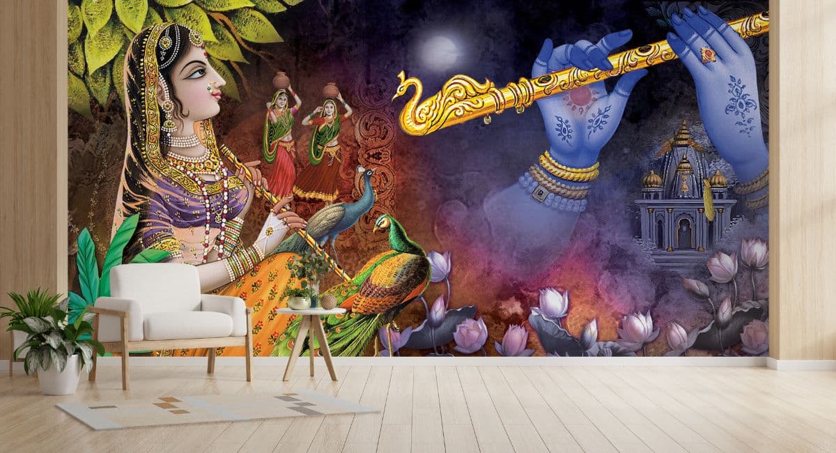Vadnam Madhuram, Radha Krishna Mural Wallpaper shown in a room