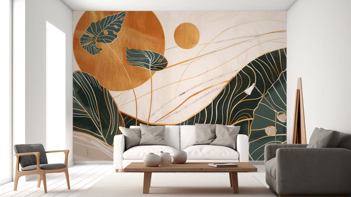 Ethereal Golden Leaves and Sun Wallpaper Mural shown in a room