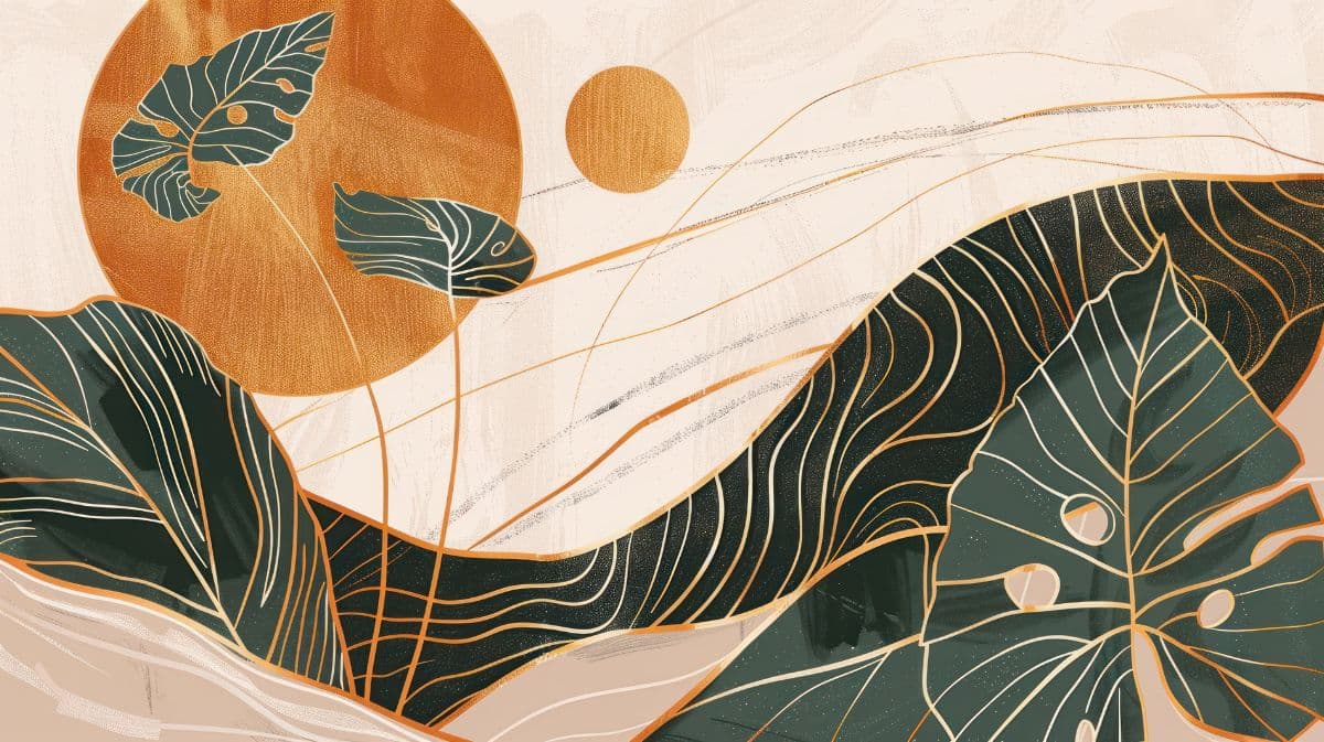 Ethereal Golden Leaves and Sun Wallpaper Mural pattern detail
