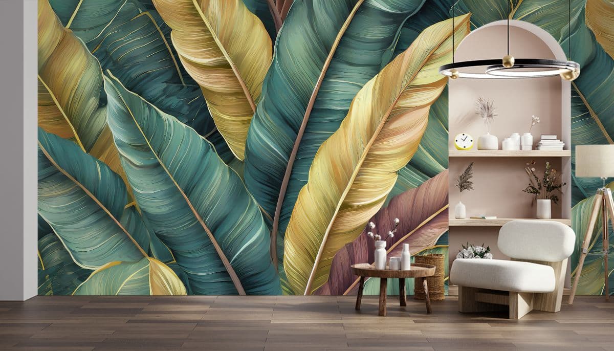Gold and Green Leafy Retreat Wallpaper Mural shown in a room