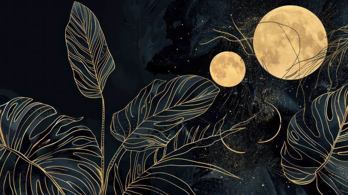 Golden Tropical Leaves Moonbeam Mural Wallpaper pattern detail
