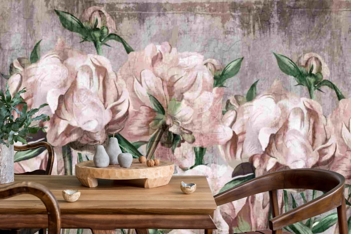 Vintage Peony Exquisite Wallpaper Mural shown in a room