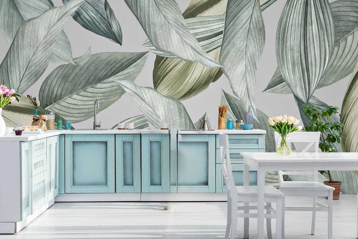 Vintage Tropical Green Leaves Wallpaper for Walls shown in a room