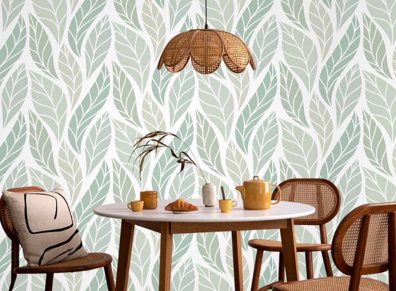Seamless Green Leaves Patterns Wallpaper Mural shown in a room