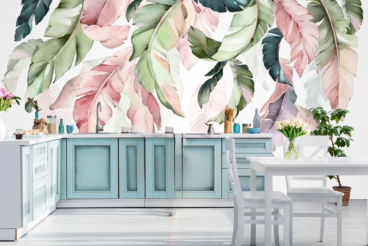 Tropical Leaves Wallpaper Mural for Dinning Room shown in a room