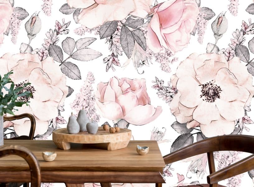 Pink Roses Wallpaper Mural for Dinning Room shown in a room