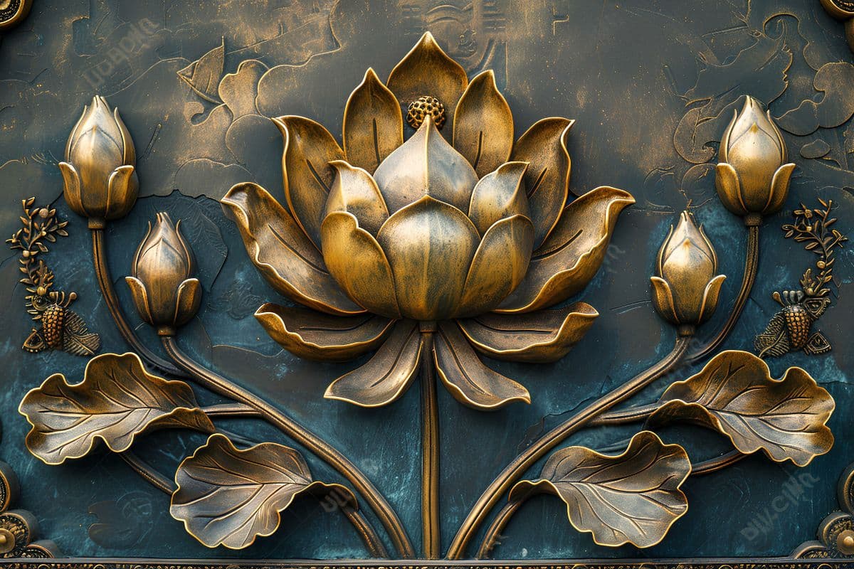 3D Metallic Texture Golden Lotus Wallpaper Mural pattern detail