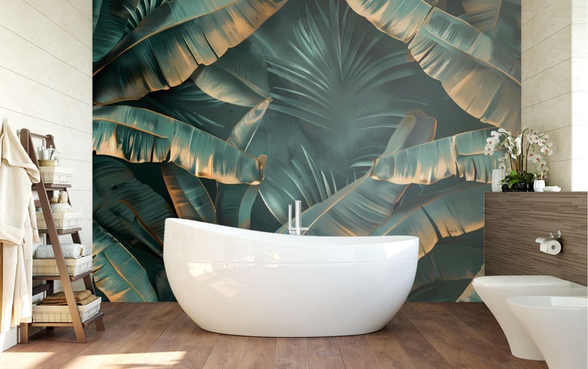 Banana Leaf Radiance Mural Wallpaper shown in a room