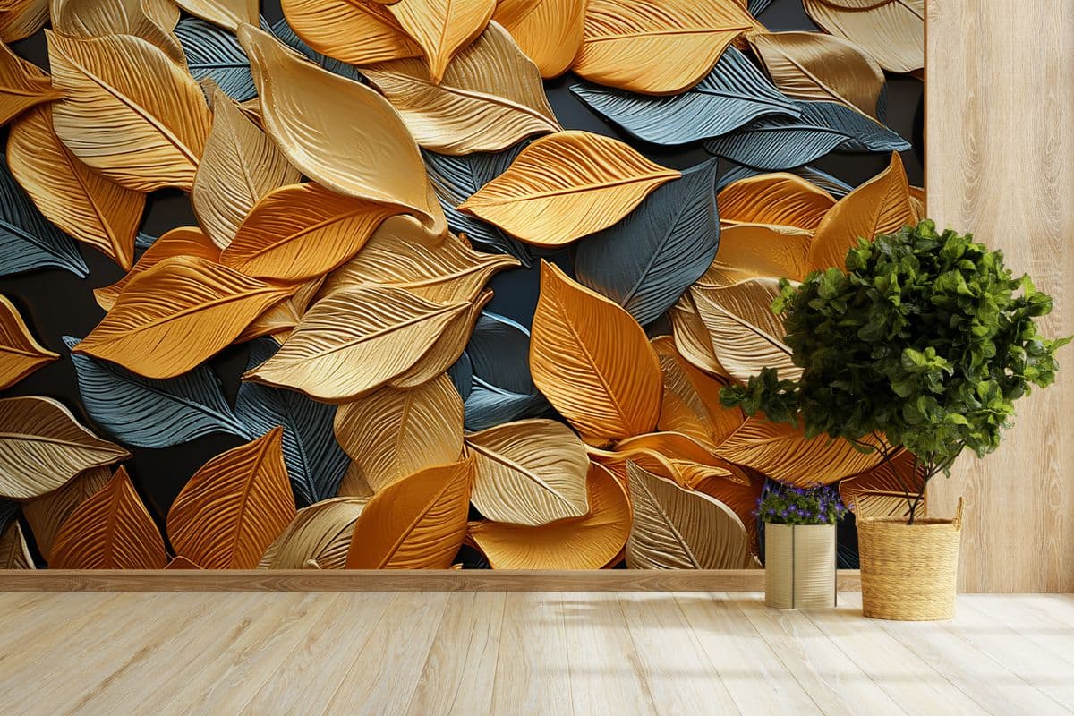 Bluish Golden Leaves Mural Wallpaper shown in a room