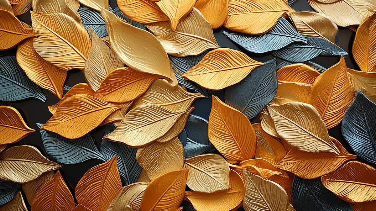 Bluish Golden Leaves Mural Wallpaper pattern detail
