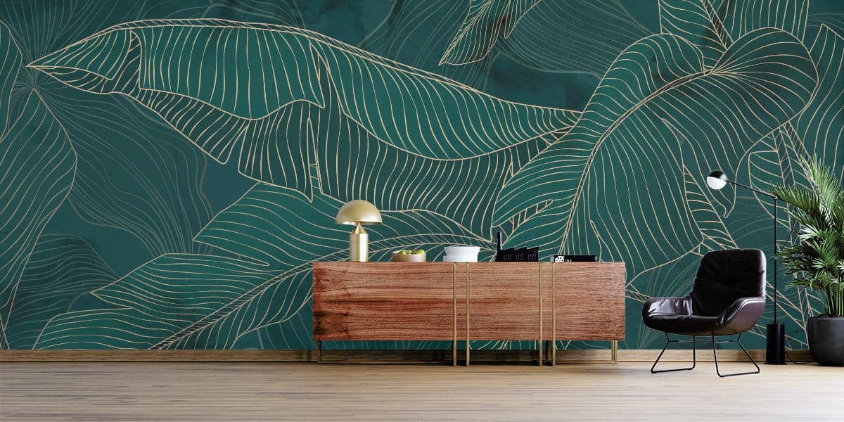 Botanical Tree Leaves Line Art Mural Wallpaper shown in a room