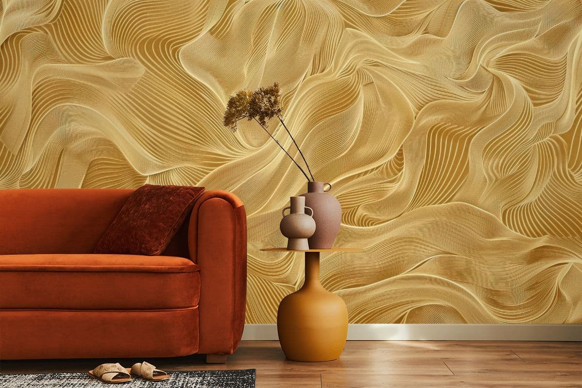 Elegant Golden Waves Texture Mural Wallpaper shown in a room