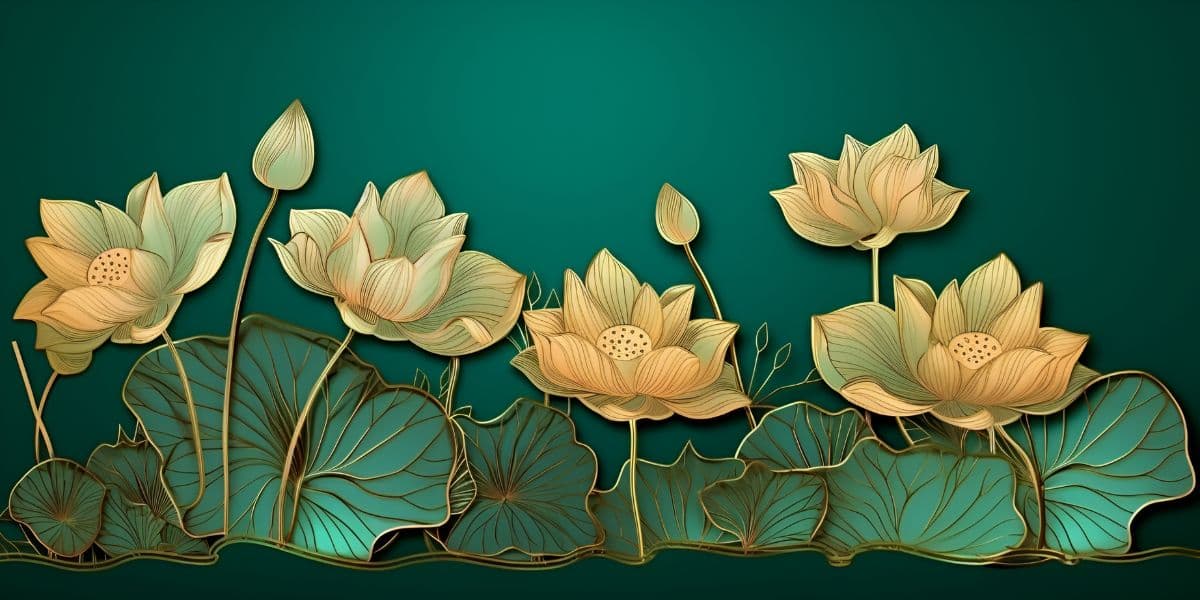 Golden Green Lotus Line Art Mural Wallpaper pattern detail