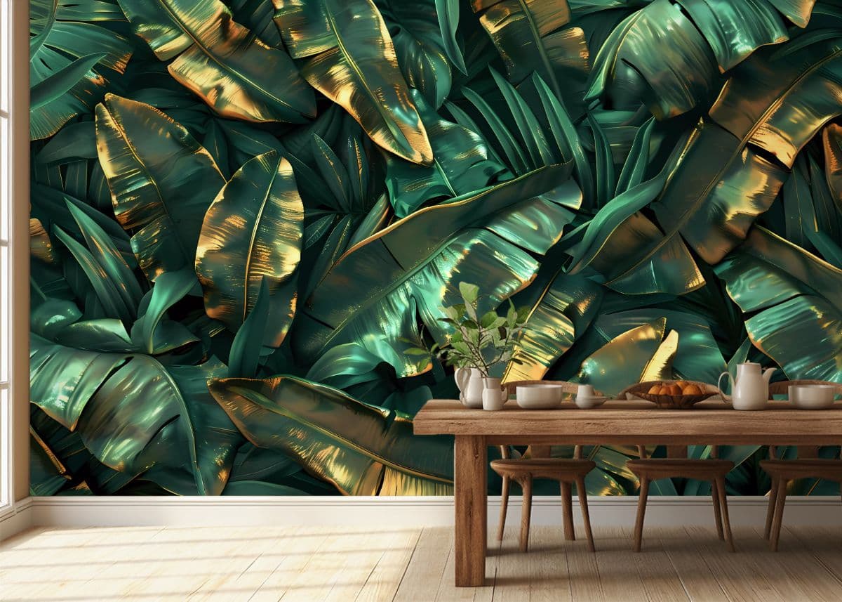 Golden Grunge Banana Leaves Mural Wallpaper shown in a room