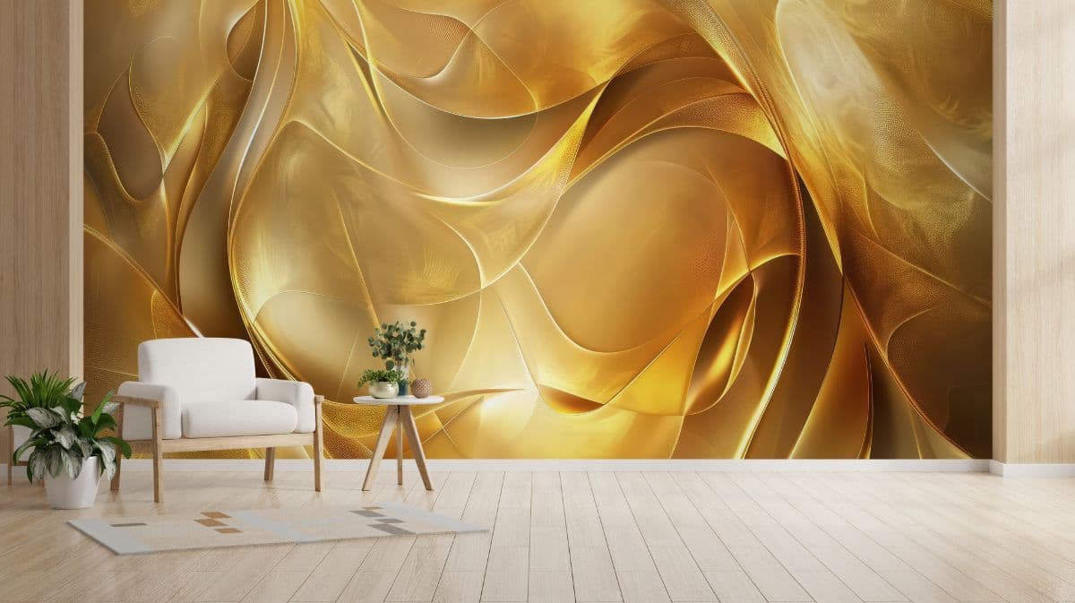 Golden Hues Abstract Art Wallpaper Mural shown in a room