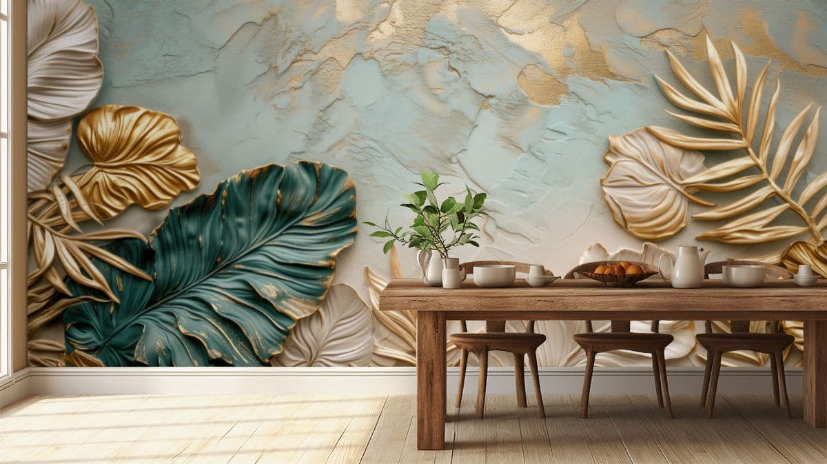 Golden Leaves Elegance Mural Wallpaper shown in a room