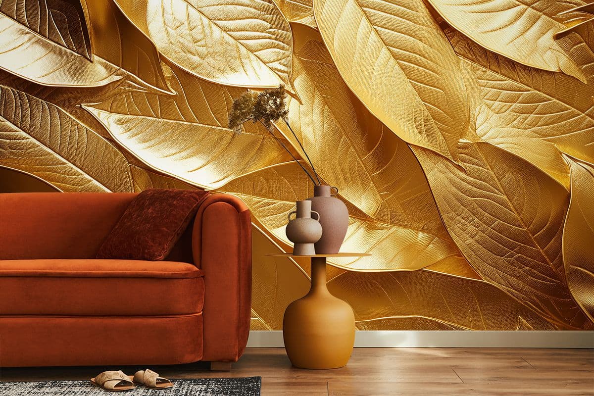 Golden Leaves Elegance Wallpaper Mural shown in a room