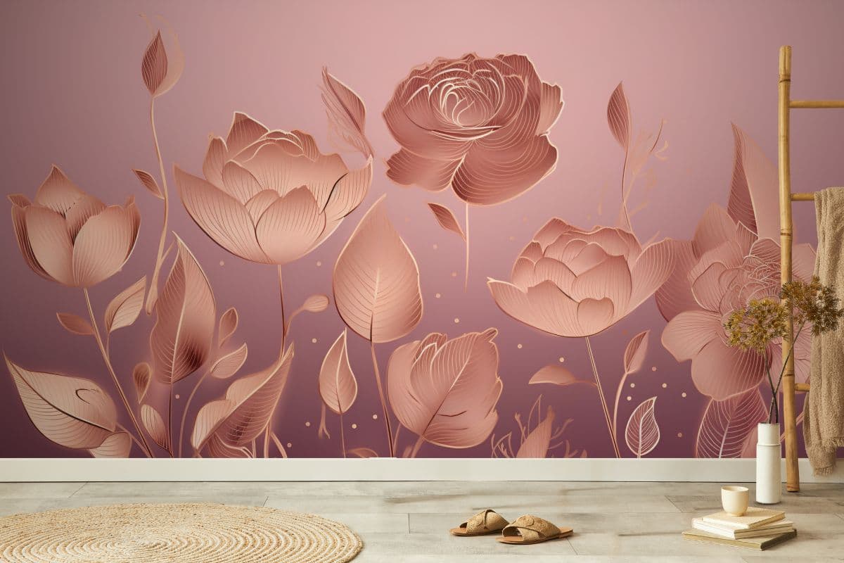 Golden Roses Line Art Wallpaper Mural shown in a room