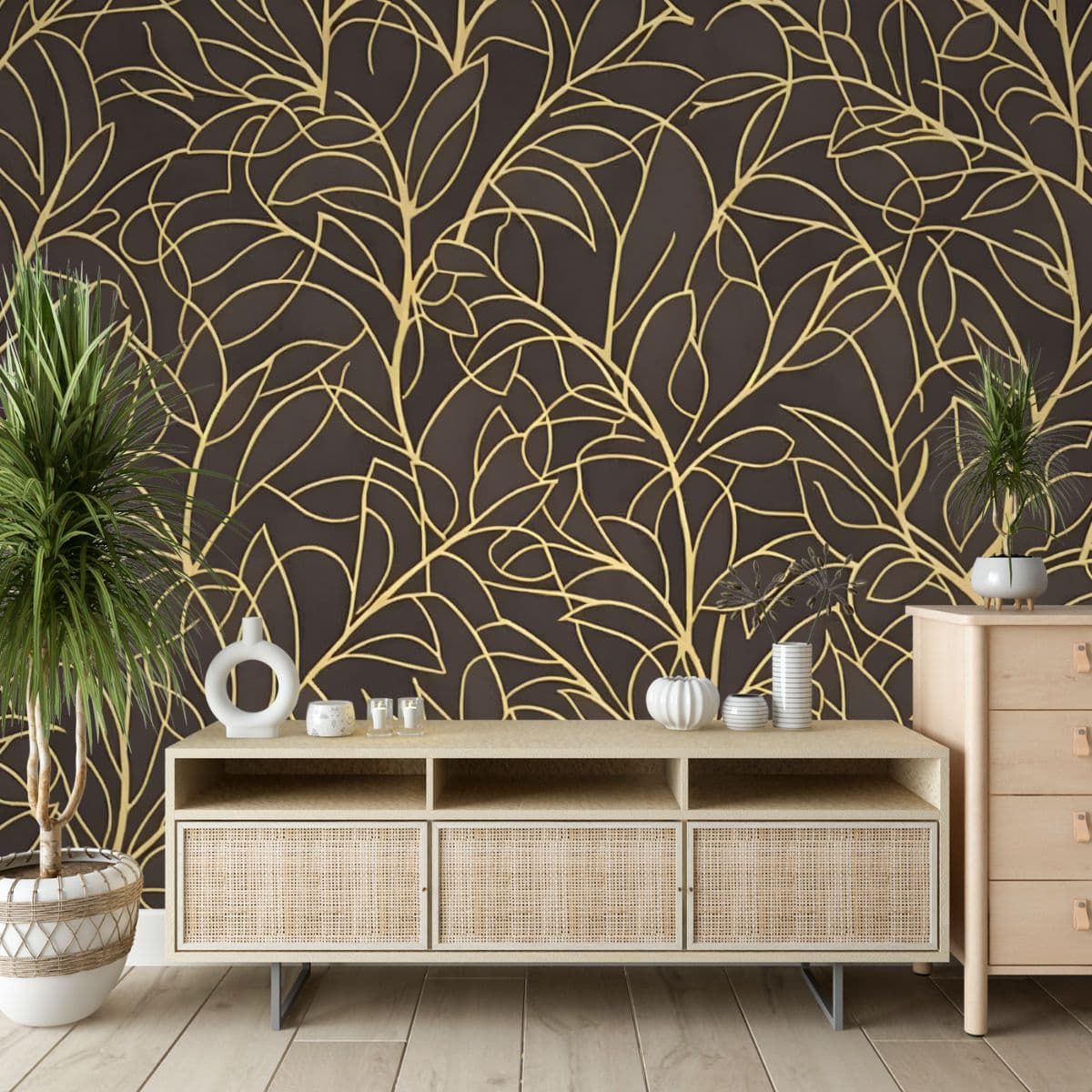 Golden Tumbleweeds Mural Wallpaper shown in a room