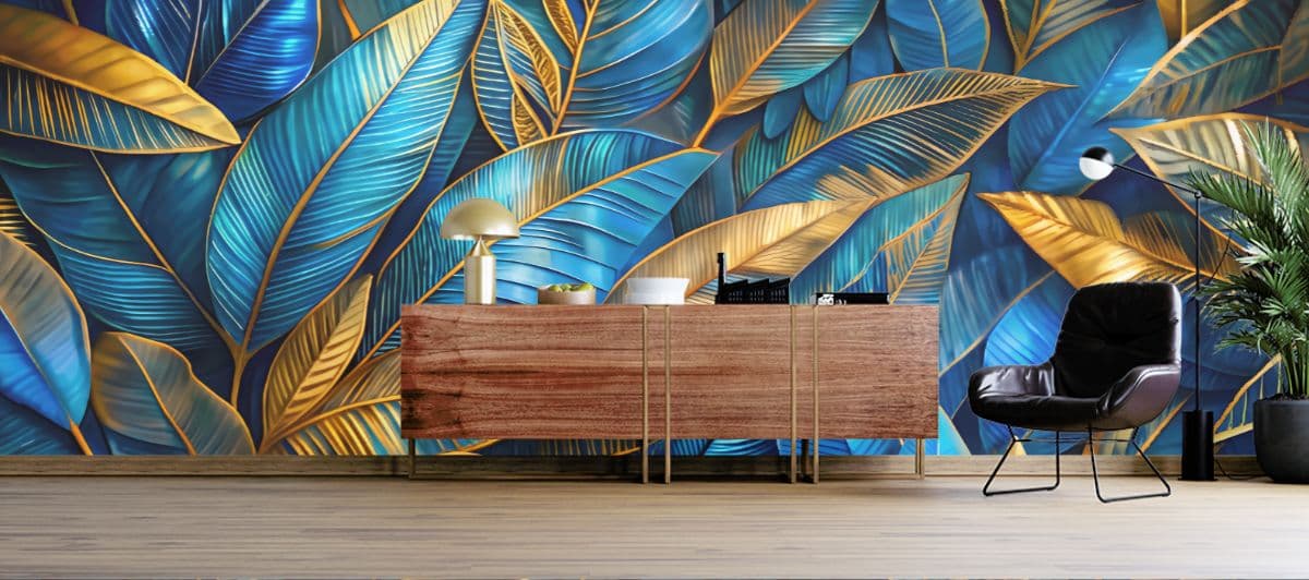 Grunge-Style Bluish Gold Wallpaper Mural shown in a room
