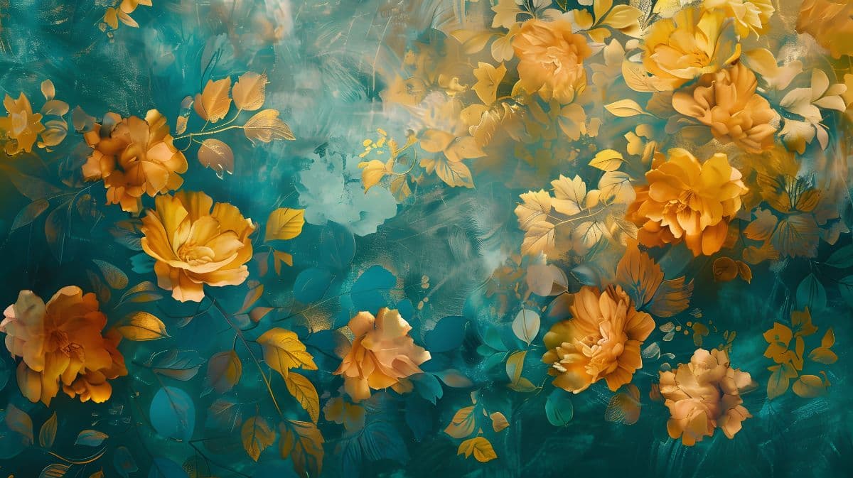 Luminous Golden Flowers Painting Wallpaper Mural pattern detail
