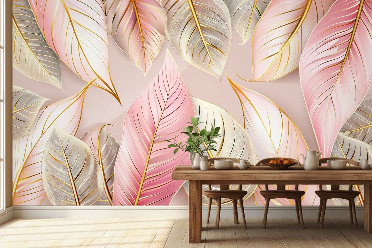 Luxurious Pink and Gold Leaves Wallpaper Mural shown in a room