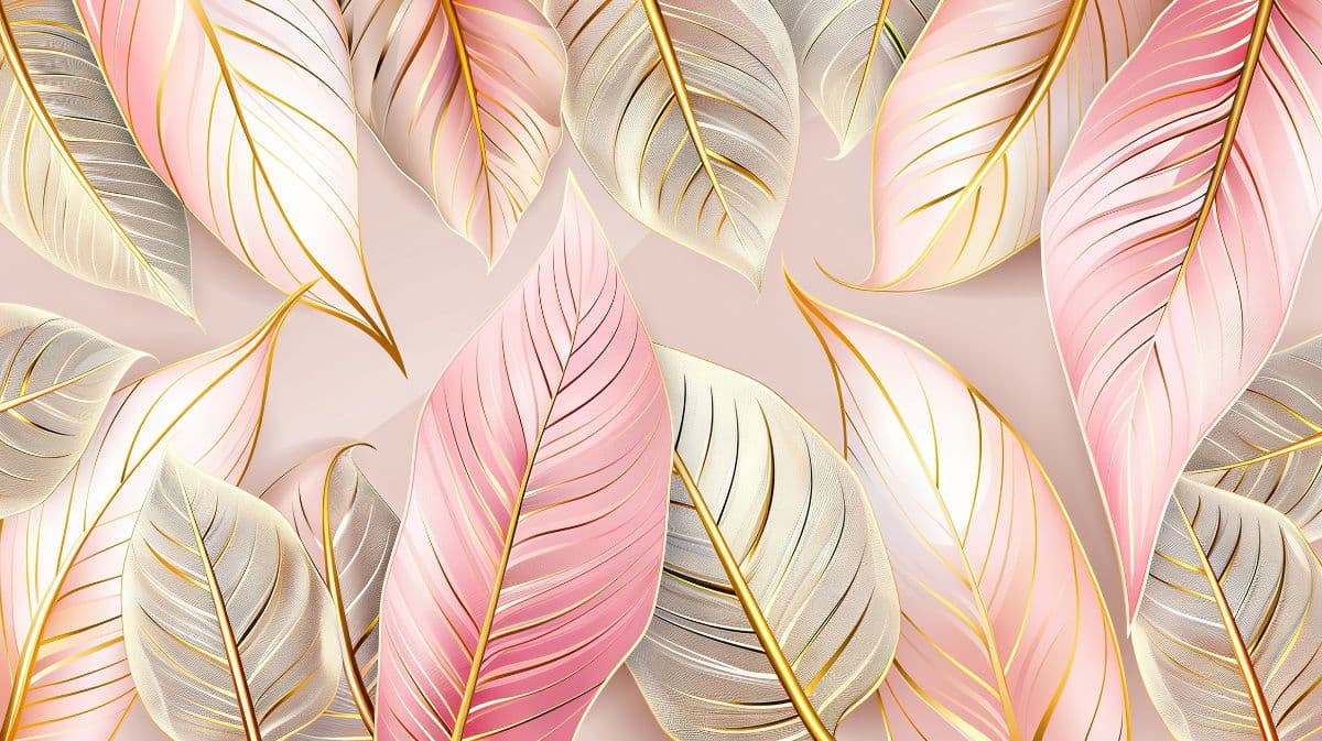 Luxurious Pink and Gold Leaves Wallpaper Mural pattern detail