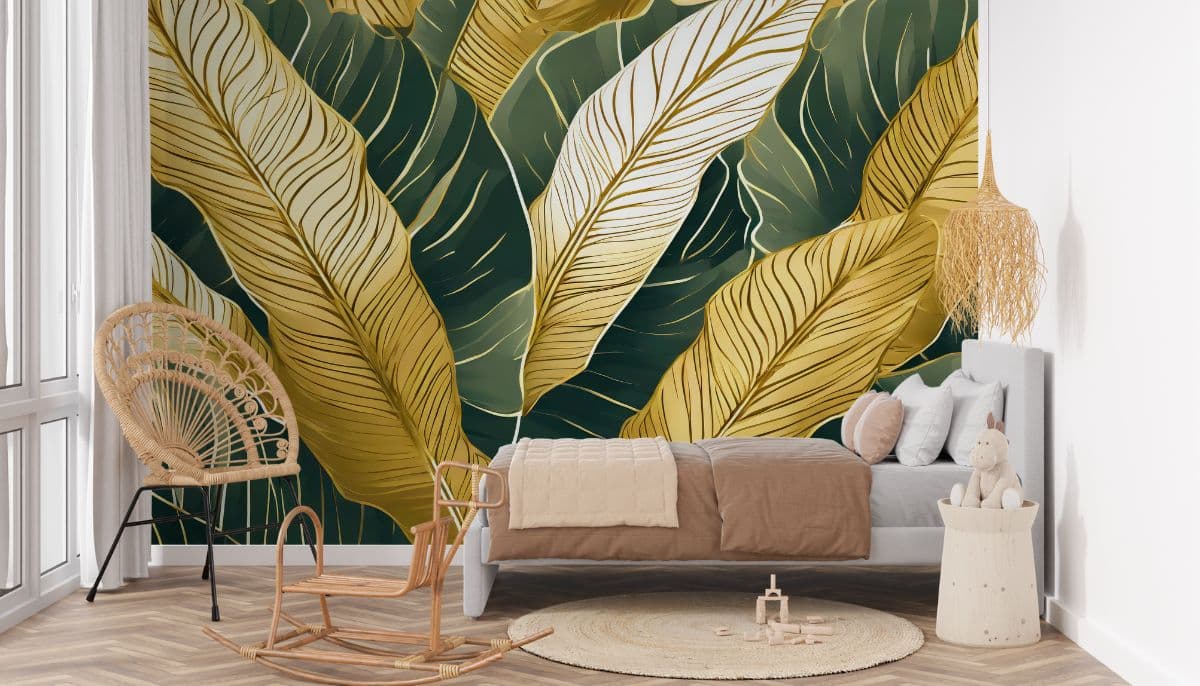 Luxury Gold Tropical Leaves Mural Wallpaper shown in a room