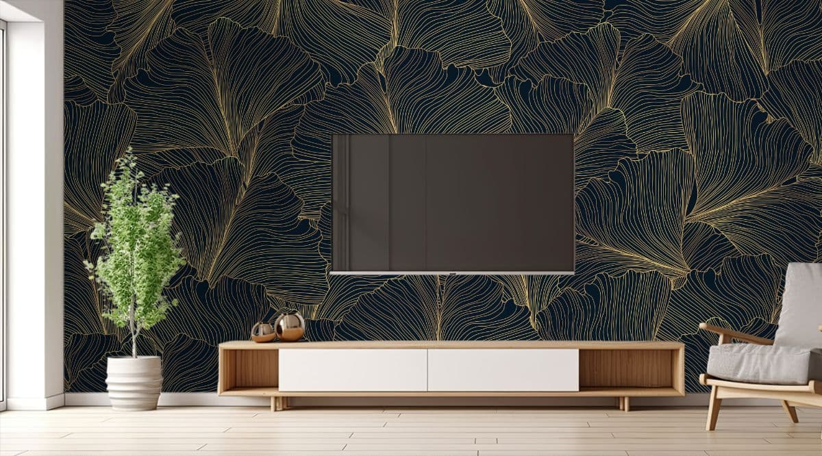 Luxury Golden Ginkgo Line Art Mural Wallpaper shown in a room