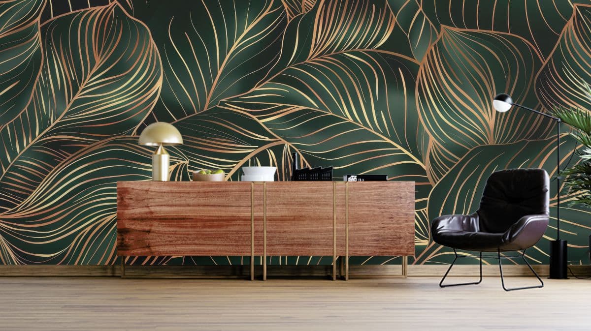 Luxury Tropical Leaves Pattern Mural Wallpaper shown in a room
