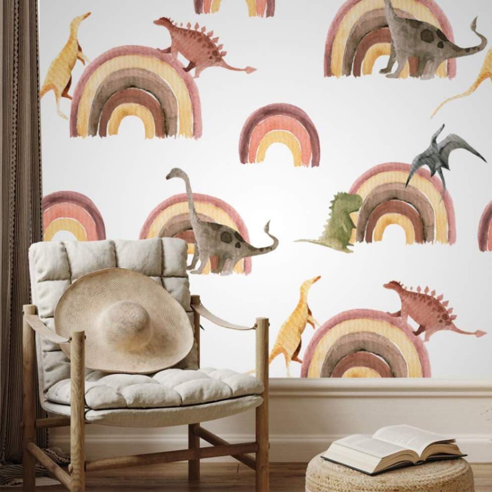 Dino Dreams Rainbow Wallpaper Mural shown in a room