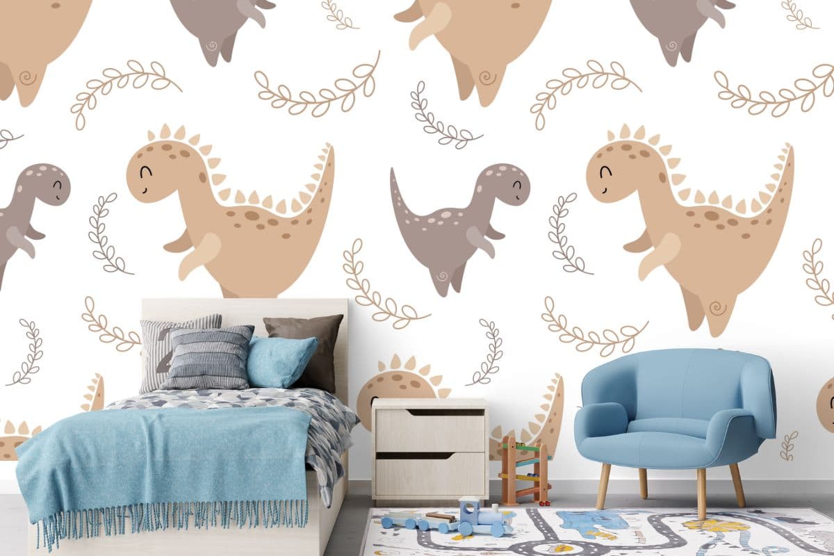 Dinosaur Delight Wallpaper For Kids Room shown in a room