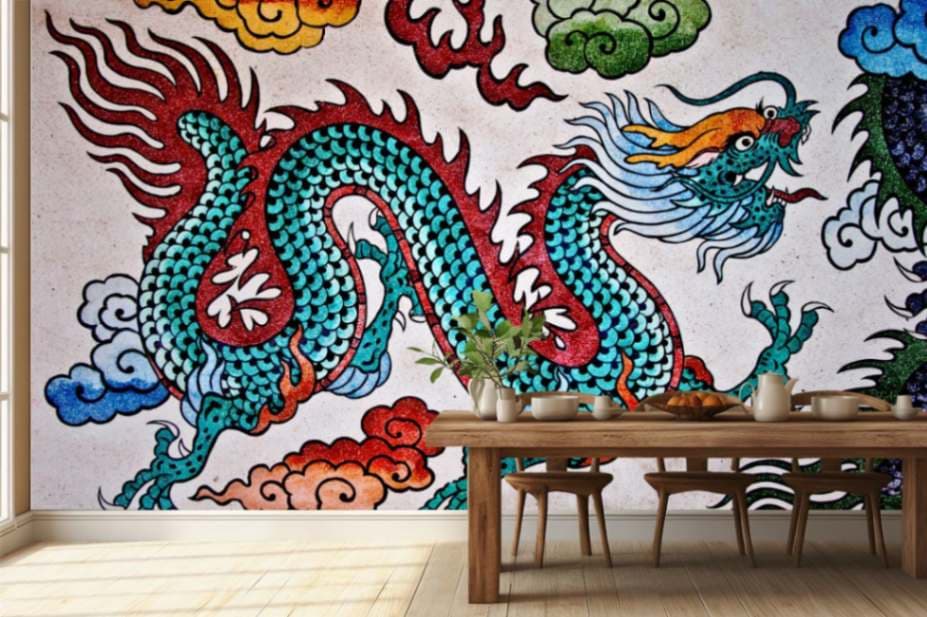 Colorful Painting of a Dragon Wallpaper Mural shown in a room