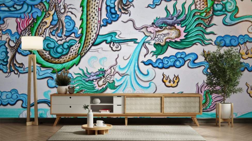 Blue Asian Dragons Wallpaper Mural shown in a room