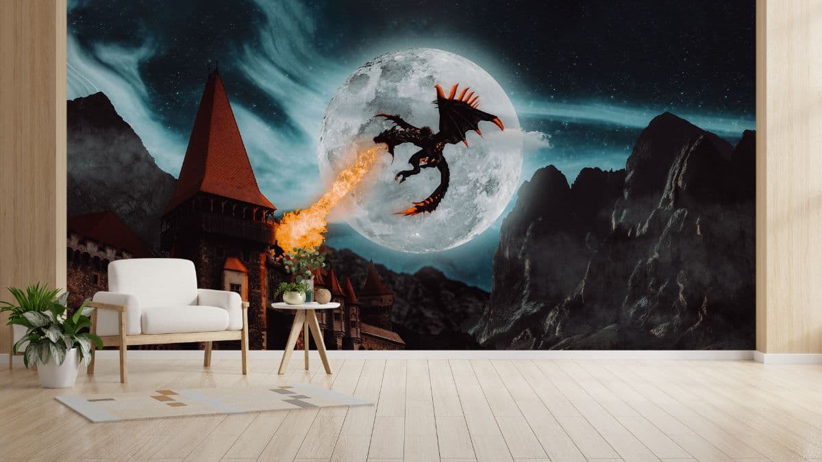 Wallpaper Mural of a Dragon Shooting Fire shown in a room
