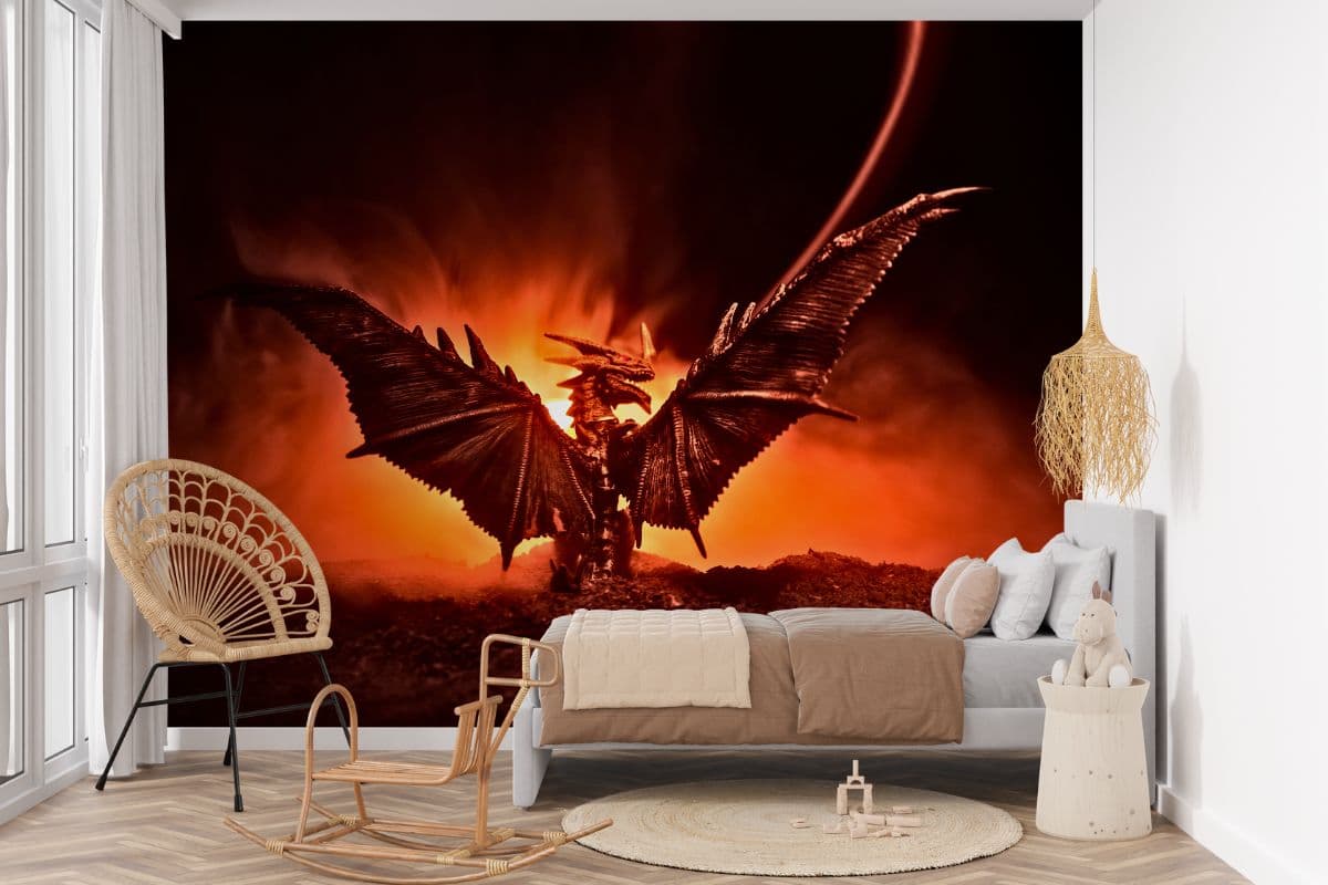 Silhouette of Fire Breathing Dragon Wallpaper Mural shown in a room