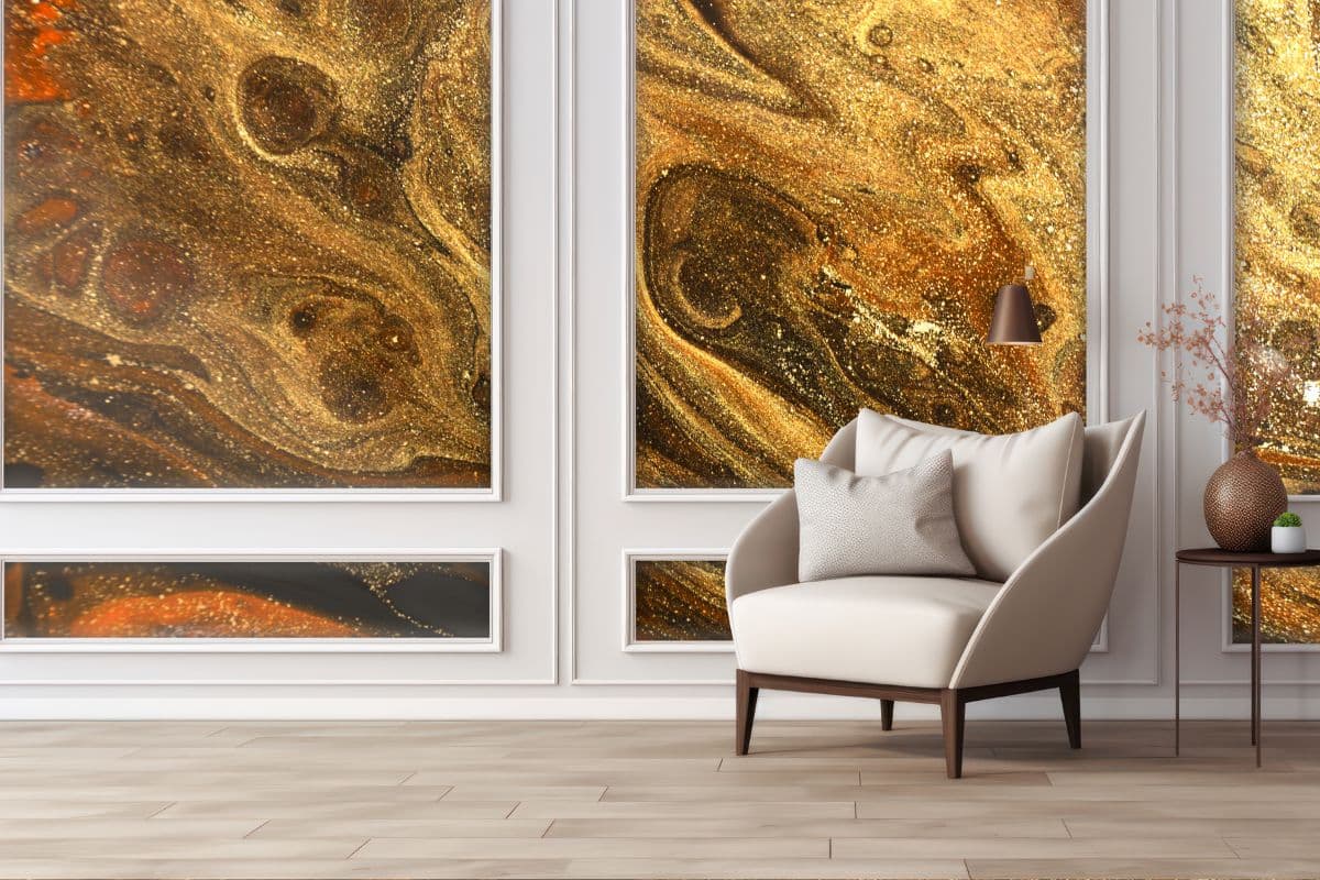 Glittery Gold Marble Texture Mural Wallpaper shown in a room