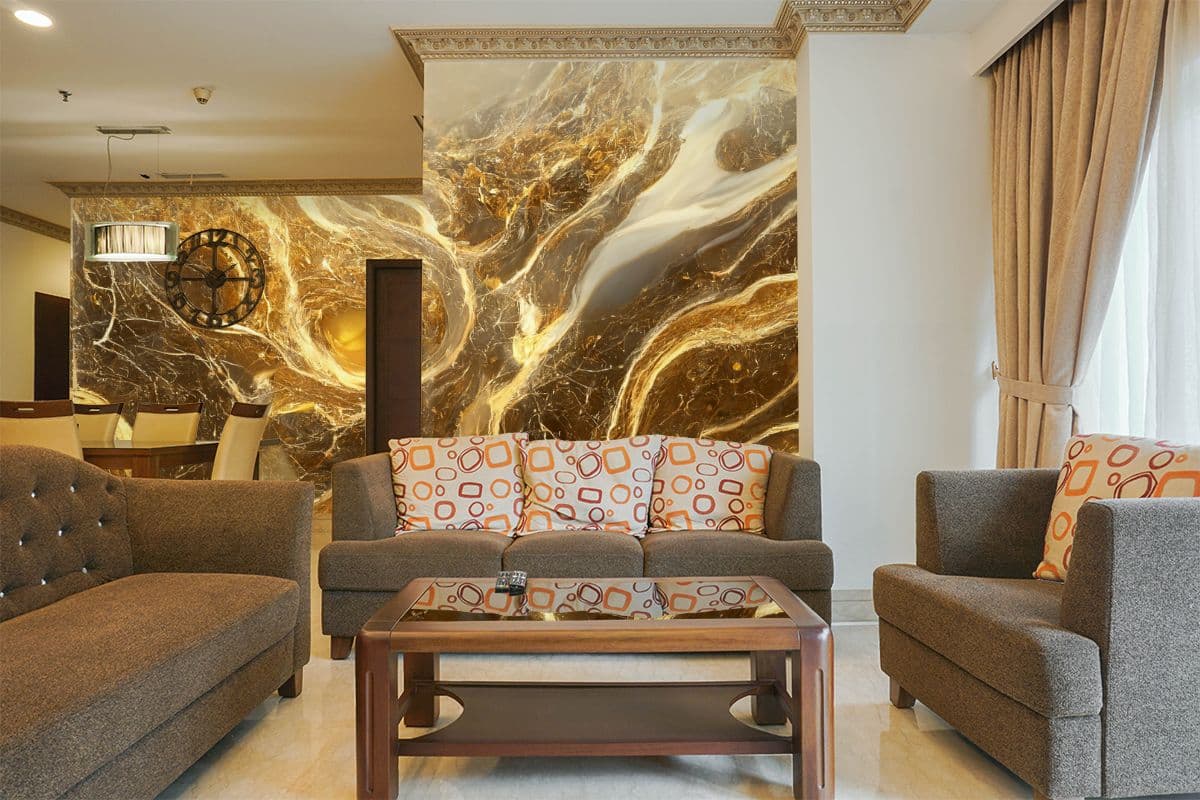 Golden Galaxy Breeze Marble Wallpaper Mural shown in a room