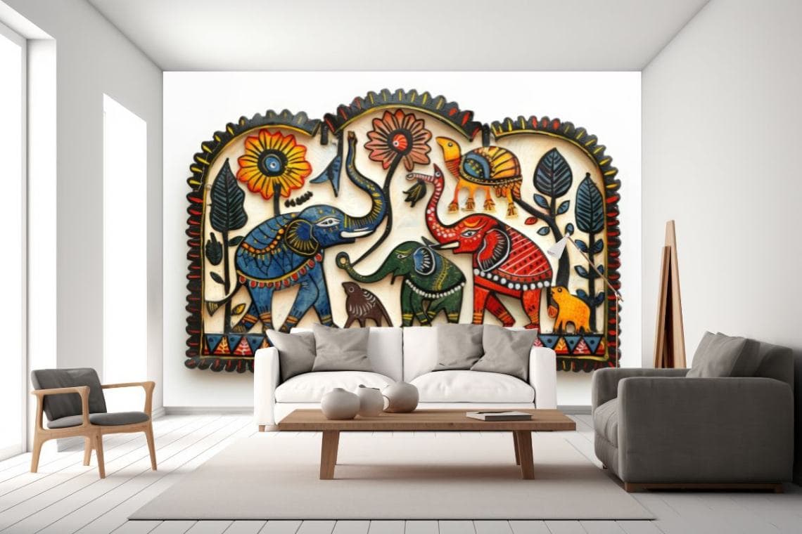Elephant Painting in a Mithila Style Wallpaper Mural shown in a room