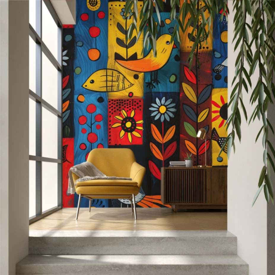 Beautiful Mithila Painting Wallpaper Mural shown in a room