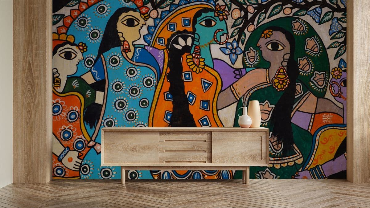Vibrant Cultural Mithila Painting Wallpaper Mural shown in a room