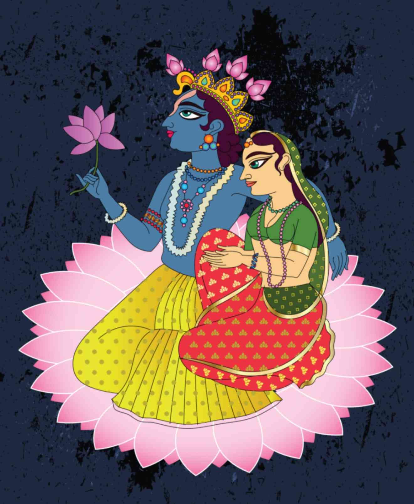 Wallpaper of Divine Serenity of Radha and Krishna on Lotus pattern detail
