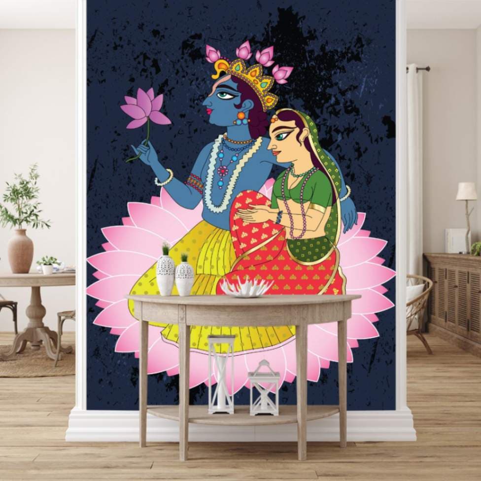 Wallpaper of Divine Serenity of Radha and Krishna on Lotus shown in a room