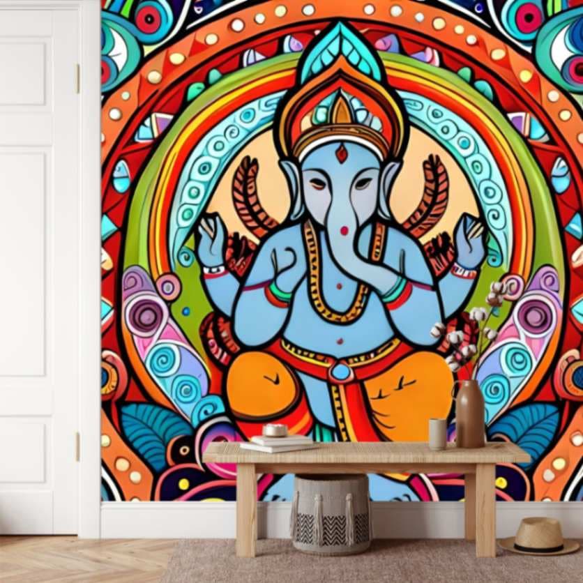 Vibrant Ganesh Wallpaper in Mithila Painting shown in a room