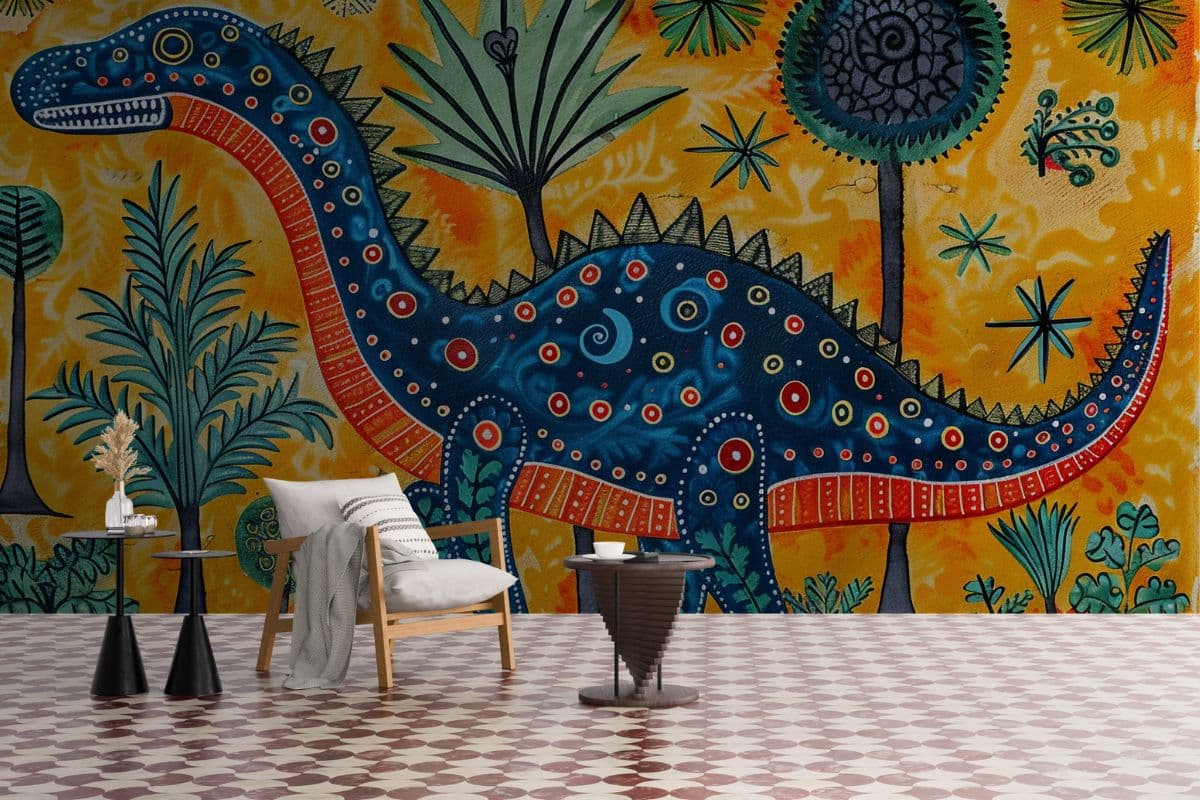 Mithila Style Painting of a Dragon Wallpaper Mural shown in a room