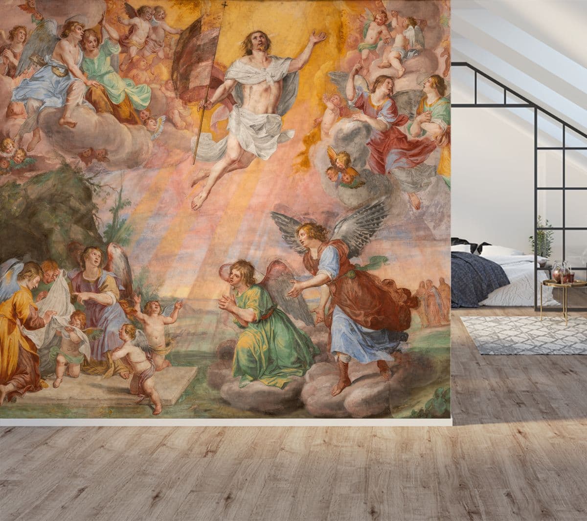 Fresco of Resurrection Wallpaper Mural shown in a room