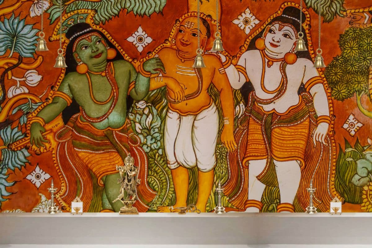 Kerala Mural Fresco Wall Painting Wallpaper shown in a room